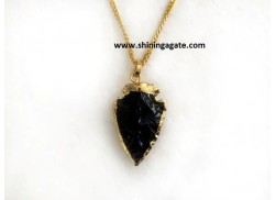 BLACK OBSIDIAN 1 INCH ELECTRO PLATED ARROWHEAD NECKLACE